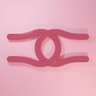 Pembe arka planda izole edilmiş bir düğüm simgesine bağlanmış pembe ip. Minimalizm kavramı. 3 Boyutlu resimleme.