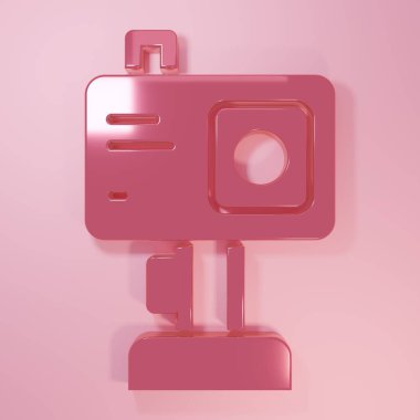 Pembe Eylem ekstrem kamera simgesi pembe arka planda izole edildi. Ekstrem sporları çekmek için video kamera ekipmanı. Minimalizm kavramı. 3 Boyutlu resimleme.