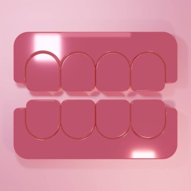 Pembe sahte çene simgesi pembe arka planda izole edilmiş. Diş çene ya da takma dişler, kesici dişli takma dişler. Minimalizm kavramı. 3 Boyutlu resimleme.