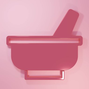 Pembe havan topu ve tokmak ikonu pembe arka planda izole edilmiş. Minimalizm kavramı. 3 Boyutlu resimleme.