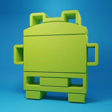 Mavi arka planda yeşil itfaiye aracı simgesi izole edildi. İtfaiye. İtfaiyeciler acil durum aracı. Minimalizm kavramı. 3 Boyutlu resimleme.