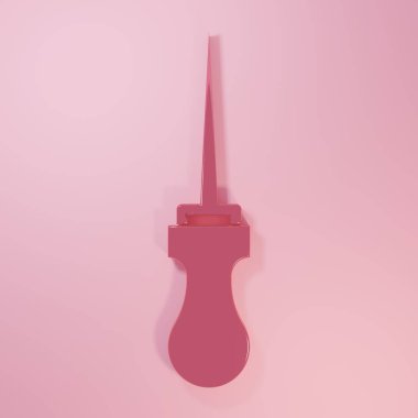 Pembe arka planda izole edilmiş ahşap saplı Awl aracı. İş gereçleri terzi endüstrisi. Minimalizm kavramı. 3 Boyutlu resimleme.