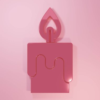 Pembe yanan mum ikonu pembe arka planda izole edilmiş. Silindirik mum çubuğu ve yanan ateş. Minimalizm kavramı. 3 Boyutlu resimleme.