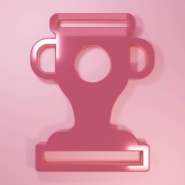 Pembe ödüllü kupa ikonu pembe arka planda izole edilmiş. Galibiyet ödülü sembolü. Şampiyonluk ya da yarışma kupası. Spor başarısı işareti. Minimalizm kavramı. 3 Boyutlu resimleme.