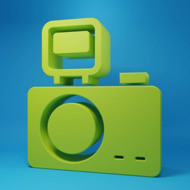 Mavi arkaplanda aydınlatma simgesi olan yeşil fotoğraf makinesi. Foto kamera. Dijital fotoğrafçılık. Minimalizm kavramı. 3 Boyutlu resimleme.