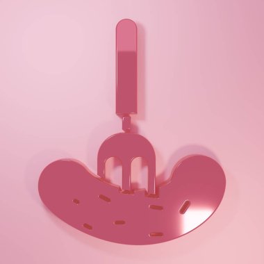 Pembe arka planda izole edilmiş bir çatal üzerinde pembe salatalık turşusu. Minimalizm kavramı. 3 Boyutlu resimleme.