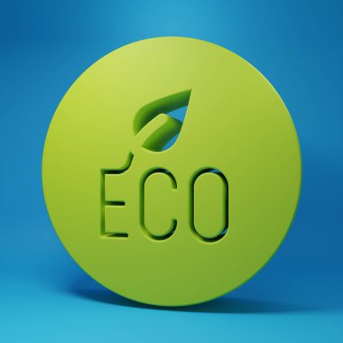 Green Leaf Eco symbol icon isolated on blue background. Banner, label, tag, logo, sticker for eco green. Minimalism concept. 3D render illustration.