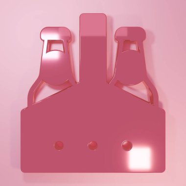 Pembe bira şişesi ikonu pembe arka planda izole edilmiş. Kutu bira kutusu tabelası. Minimalizm kavramı. 3 Boyutlu resimleme.