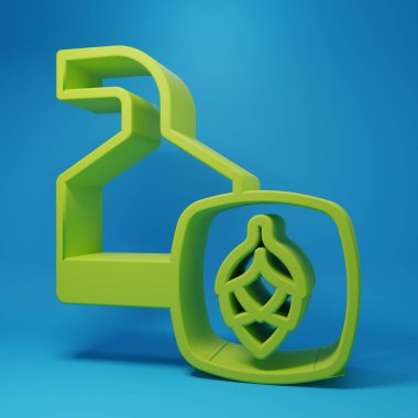 Mavi arka planda izole edilmiş bira imalatı ikonundaki yeşil bira damarları. Bira demleme işlemi. Damıtma tesisi, bira fabrikası. Minimalizm kavramı. 3 Boyutlu resimleme.