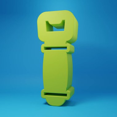 Mavi arkaplanda yeşil şişe açma simgesi izole edildi. Minimalizm kavramı. 3 Boyutlu resimleme.