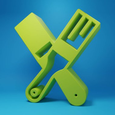 Mavi arkaplanda yeşil boya fırçası simgesi izole edildi. Minimalizm kavramı. 3 Boyutlu resimleme.