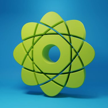 Green Atom icon isolated on blue background. Symbol of science, education, nuclear physics, scientific research. Minimalism concept. 3D render illustration.