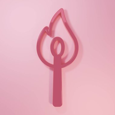 Pembe yakma kibriti ve pembe arka planda izole edilmiş ateş ikonu. Ateşle maç. Kibrit işareti. Minimalizm kavramı. 3 Boyutlu resimleme.