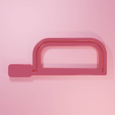 Pembe testere simgesi pembe arka planda izole edilmiş. Tahta ve metal testeresi. Minimalizm kavramı. 3 Boyutlu resimleme.