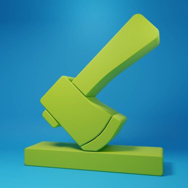 Green Wooden axe icon isolated on blue background. Lumberjack axe. Minimalism concept. 3D render illustration.