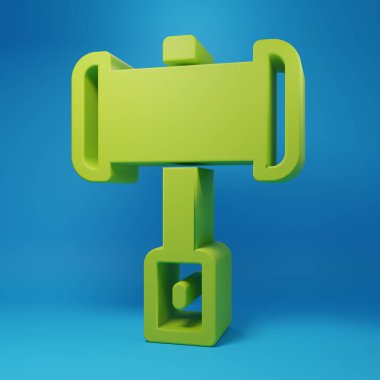 Mavi arka planda izole edilmiş yeşil ortaçağ savaş çekici ikonu. Minimalizm kavramı. 3 Boyutlu resimleme.