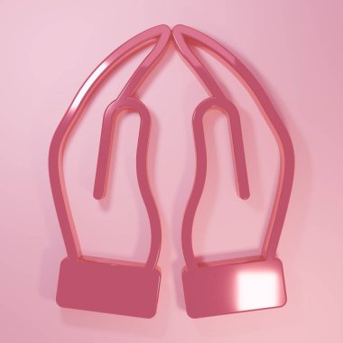 Pembe Eller dua pozisyonunda pembe arka planda izole edilmiş bir simge. Tanrı 'ya inanç ve umutla dua edin. Minimalizm kavramı. 3 Boyutlu resimleme.