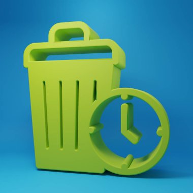 Mavi arkaplanda yeşil zaman kaybı simgesi izole edildi. Çöp tenekesi. Çöp kutusu tabelası. Sepet simgesini geri dönüştür. Ofis çöpü ikonu. Minimalizm kavramı. 3 Boyutlu resimleme.