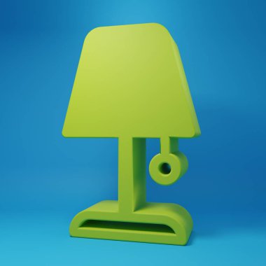Mavi arkaplanda yeşil masa lambası simgesi izole edildi. Gece lambası. Minimalizm kavramı. 3 Boyutlu resimleme.