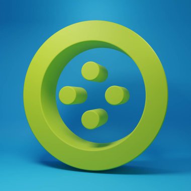 Elbise simgesi için yeşil dikiş düğmesi mavi arkaplanda izole edildi. Giysi düğmesi. Minimalizm kavramı. 3 Boyutlu resimleme.