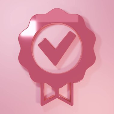 Pembe onaylı ya da sertifikalı madalya ve pembe arkaplanda izole edilmiş işaret simgesi. Minimalizm kavramı. 3 Boyutlu resimleme.