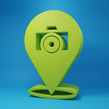 Green Photo camera icon isolated on blue background. Foto camera. Digital photography. Minimalism concept. 3D render illustration.