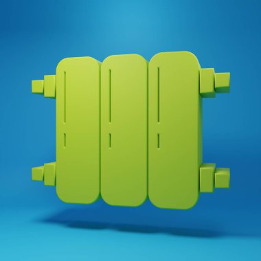 Mavi arkaplanda yeşil ısıtma radyatörü simgesi izole edildi. Minimalizm kavramı. 3 Boyutlu resimleme.