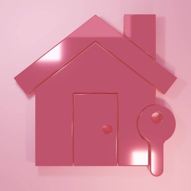 Pembe evde pembe arka planda anahtar simgesi var. Ev anahtarının konsepti. Minimalizm kavramı. 3 Boyutlu resimleme.