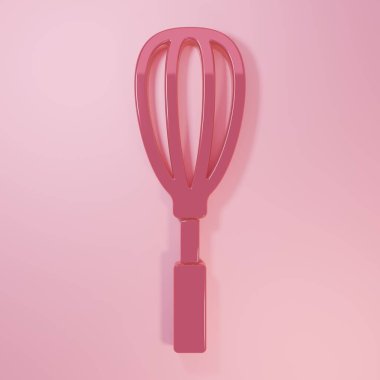 Pembe Mutfak çırpma ikonu pembe arka planda izole edilmiş. Mutfak aletleri, yumurta çırpıcı. Çatal bıçak seti. Yemek karışımı sembolü. Minimalizm kavramı. 3 Boyutlu resimleme.