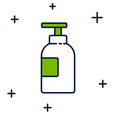 Beyaz arka planda el dezenfektanı ikonu var. Dezenfeksiyon konsepti. Yıkama jeli. Hijyen için alkol şişesi. Vektör.