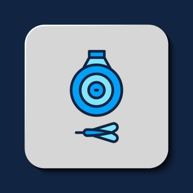 Klasik dart tahtası ve ok simgesi mavi arkaplanda izole edildi. Dartboard işareti. Oyun konsepti. Vektör.