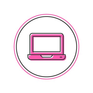 Doldurulmuş dizüstü bilgisayar simgesi beyaz arkaplanda izole edildi. Boş ekran işaretli bilgisayar defteri. Vektör.