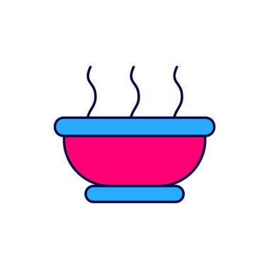 Beyaz arka planda izole edilmiş sıcak çorba ikonu ana hatlarıyla dolu. Vektör.