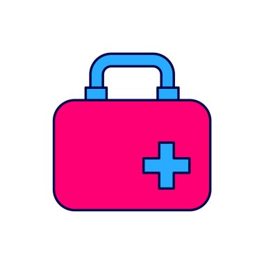 Doldurulmuş ilk yardım çantası simgesi beyaz arkaplanda izole edildi. Haçlı sağlık kutusu. Acil durumlar için tıbbi ekipman. Sağlık sigortası konsepti. Vektör.