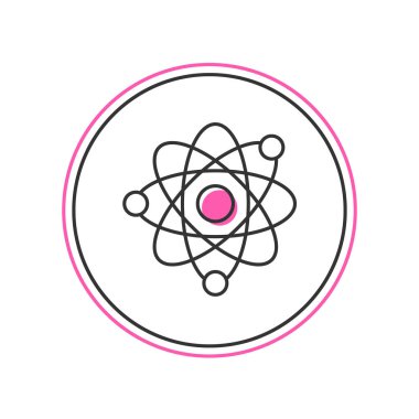 Doldurulmuş Atom simgesi beyaz arkaplanda izole edildi. Bilimin, eğitimin, nükleer fiziğin, bilimsel araştırmaların sembolü. Vektör.