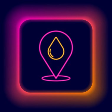 Siyah arkaplanda izole edilmiş konum simgesiyle parlayan neon hattı su damlası. Renkli taslak konsepti. Vektör.