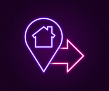 Siyah arkaplanda ev simgesi izole edilmiş parlak neon çizgi haritası işaretçisi. Ev konumu belirleyici sembol. Renkli taslak konsepti. Vektör.