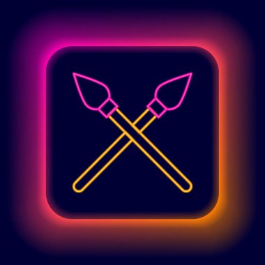 Parlayan neon çizgisi siyah arka planda izole edilmiş ortaçağ mızrakları simgesini geçti. Ortaçağ silahı. Renkli taslak konsepti. Vektör.