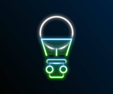 Parlayan neon hattı Sıcak hava balonu simgesi siyah arkaplanda izole edildi. Seyahat için hava taşımacılığı. Renkli taslak konsepti. Vektör.