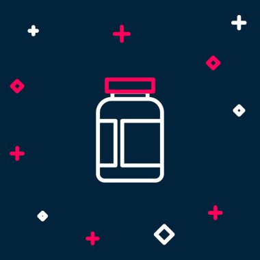 Line Sports 'un vücut geliştirme protein enerji içeceği ve mavi arka planda izole edilmiş yiyecek ikonu. Renkli taslak konsepti. Vektör.