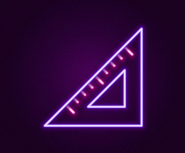 Parlayan neon çizgisi üçgen cetvel simgesi siyah arkaplanda izole edildi. Düz sembol. Geometrik sembol. Renkli taslak konsepti. Vektör.