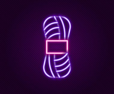 Parlayan neon çizgisi iplik simgesi siyah arkaplanda izole edildi. El yapımı, örgü ya da terzi için etiket. Renkli taslak konsepti. Vektör.