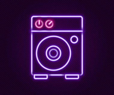 Parlayan neon hattı Gitar yükseltici simgesi siyah arkaplanda izole edildi. Müzik aleti. Renkli taslak konsepti. Vektör.