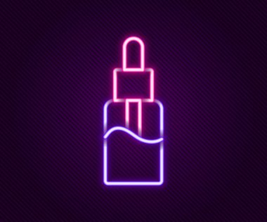 Parlayan neon hattı siyah arka planda izole edilmiş elektronik sigara ikonu için Vape sıvı şişesi. Renkli taslak konsepti. Vektör.