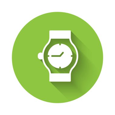 White Wrist watch icon isolated with long shadow background. Wristwatch icon. Green circle button. Vector.