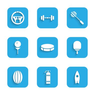 Hokey topu Aqualung Sörf Tahtası Raketi 'ni tenis raketi ve direksiyon ikonu üzerinde masa tenisi oynamak için ayarla. Vektör.