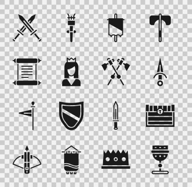 Ortaçağ Kadehi Antik Hazine Sandığı Prenses Kararı parşömeni Orta Çağ kılıç ve balta simgesi. Vektör.