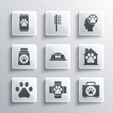 Veterinerlik Kliniği Evcil Hayvan ilk yardım çanağı yemek çanağı Paw Paw baskı torbası ve hayvanların ayak izi ikonu. Vektör.