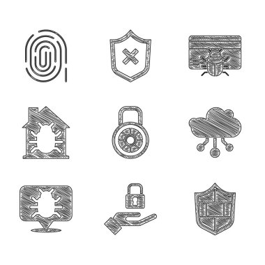 Güvenli kilit el kalkanını tuğla duvarlı internetle sistem böceği sistemi kredi kartı ve parmak izi simgesini ayarla. Vektör.