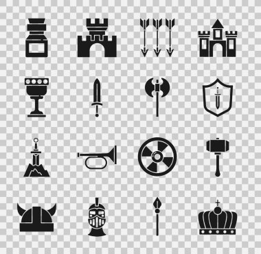 Kral Çekiç Ortaçağ kalkanını çapraz oklar zehirli şişe ve balta ikonu ile ayarla. Vektör.